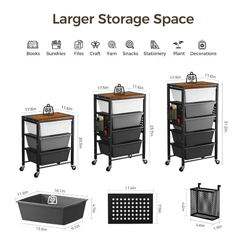 Rolling Cart with 5 Drawers, Plastic Drawer Storage Carts with Wheels & Wooden Tabletop, Metal Utility Cart with Pegboards, Office Living Room Classroom Craft Organization and Storage, Dark Black thumbnail 3