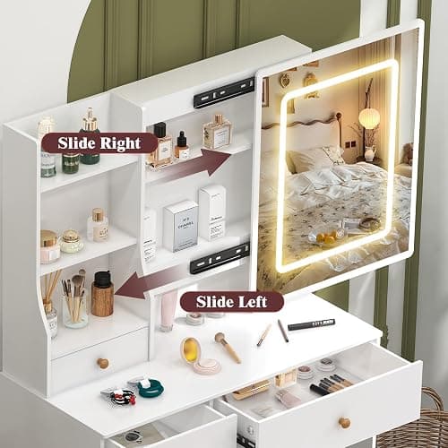 Umeiga Vanity Desk with Sliding Mirror and LED Lights, Small Makeup Vanity Table Set with Chair and Drawers, White Vanity with Lighted Mirror for Bedroom, Dressing Table for Teen Girls and Women thumbnail 6