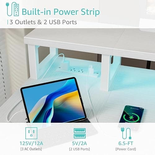Lufeiya L Shaped Desk with Led Lights and Power Outlets, 47 Inch Writing Study Computer Gaming Desks with Fabric Drawers for Bedroom, Home Office Corner Desk with Monitor Stand Shelves, White thumbnail 7