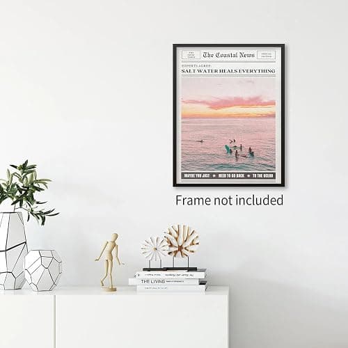 Pink Beach Newspaper Posters Vintage Fashion Coastal Girl Surf Wall Art Grainy Salt Water Heals Everything Canvas Prints for College Dorm Bedroom Wall Decor 12X16 inch Unframed thumbnail 3