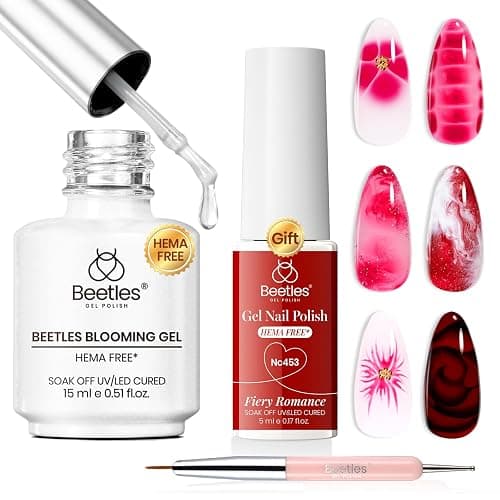 Beetles Blooming Gel Nail Polish Kit - Hema Free Clear Blooming Gel with Red Nail Polish & Nail Art Brush, Soak Off UV/LED for Flower Marble Watercolor Nail Designs DIY Gift Set - Image 1