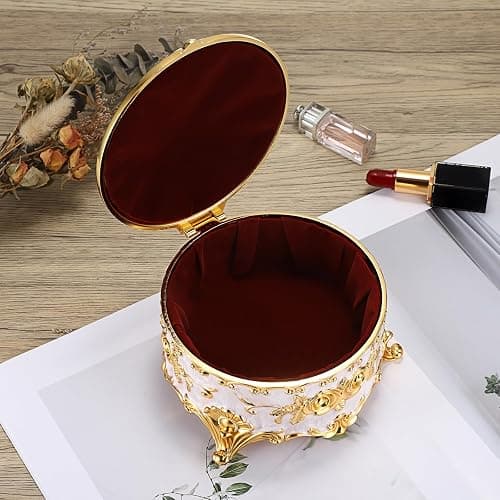 Hipiwe Round Jewery Box Metal Trinket Organizer Decorative Keepsake Box for Trrasure Ring Earring Holder Vintage Jewelry Display Case, Beige, 5.7" L x 5.1" W x 3.5" H thumbnail 7