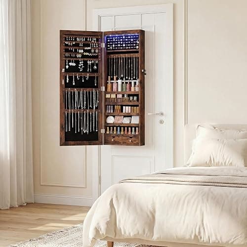 DUMOS 6 LEDs Mirror Jewelry Organizer Cabinet, Jewelry Armoire, 47.2 Inch | Hanging Door or Wall Mounted Mirror, Lockable, Large Capacity Cosmetic Storage, 2 Drawers, Gift Idea, Rustic Brown thumbnail 2