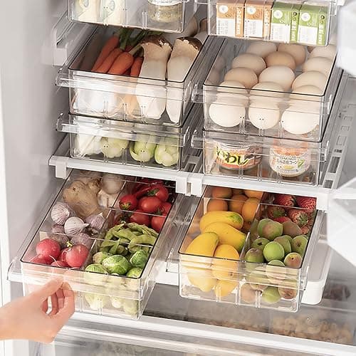Dewpeton Refrigerator Organizer Bins - Clear Plastic Container Drawer for Egg Vegetable Fruit Snack Drink Food, Home Essentials Organization and Storage for Fridge Kitchen Cabinet Pantry Freezer - Image 1