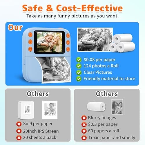 Instant Print Camera for Kids, Christmas Birthday Gifts for Girls Boys, 1080P Instant Digital Print Cameras for Toddler,Portable Toy for 4 5 6 7 8 9 10 Year Old Girl with 32GB SD Card，Light Blue thumbnail 5