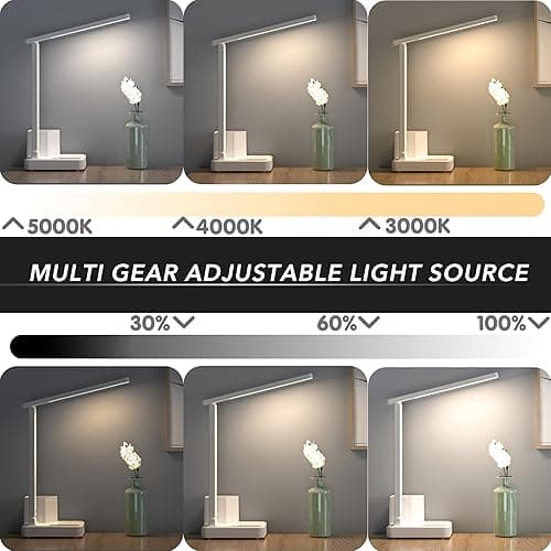 COZOO LED Desk Lamp with 2 USB Charging Ports,Type C Port,1 AC Outlet,2 Pen Holders,3 Color Temperature 3 Brightness Level,Touch/Memory/Timer,10W Eye Protection Foldable Reading Light,Study Lamp-White - White 2.0 with pen holders thumbnail 4