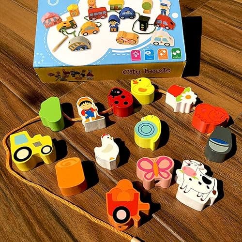 Lacing Farm Toy Wooden Block Set, Early Educational Toys String & Lacing Beads Games for Toddlers Kids Farm Animal Learning Play Set (16 Pieces) thumbnail 5