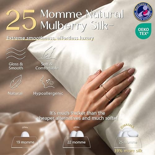 ZIMASILK 25 Momme 100% Pure Mulberry Silk Pillow Cases, Ivory, Standard | Natural Silk, Highest Grade 6A, Hair and Skin Care, Thick & Soft, Gift for Women Men, 1pc (Standard 20"x26") thumbnail 3