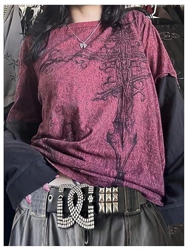 SOLY HUX Women's Y2k Gothic Graphic Tees Long Sleeve Crew Neck 2 in 1 T Shirt Punk Tops Streetwear thumbnail 2