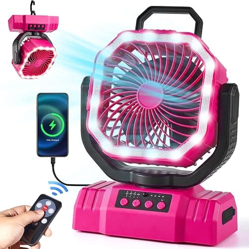Odoland Portable Camping Fan with LED Lantern, 20000mAh Rechargeable Battery Powered Fan with Auto Oscillation, Timer, Remote, 360° Rotation Hook, 4 Speeds for Power Outage Travel Home, Pink - Image 1