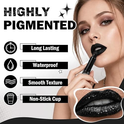 IONSGAKO Matte Black Lipstick and Lip Liner Set for Halloween Goth Makeup | Double-ended Matte Black Lip Gloss Non-Stick Cup Waterproof Long Lasting Smudge-Proof for Cosplay Gothic Lip Makeup thumbnail 5