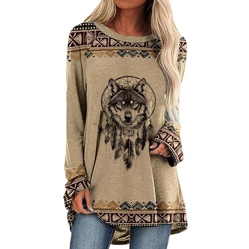HOTYD Western Sweatshirts for Women Plus Size Long Sleeve Aztec Print Blouses Dressy Casual Crew Neck Loose Fit Pullover Tops - Image 1