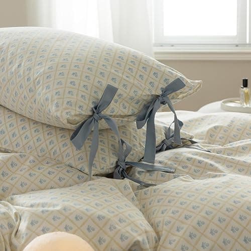 VM VOUGEMARKET Full Duvet Cover with Blue Flower Prints,100% Cotton Bedding Set,Yellow Plaid Grid Comforter Cover with Zipper Closure,80x90 Inch thumbnail 3