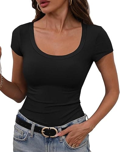 GEMBERA Womens' Stretchy Scoop Neck Short Sleeve Shirts Fitted Casual Basic Top T-Shirts - Image 1