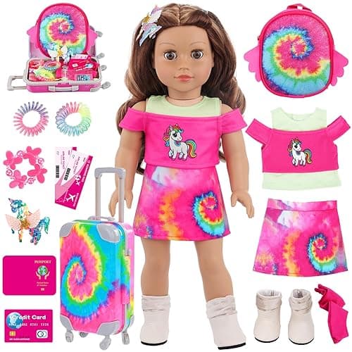 Ecore Fun American 18 Inch Doll Clothes and Accessories, 16 Pcs Girl Doll Clothes and Suitcase Travel Set- Luggage Short Sleeves Skirts Hairband Bag ect (No Dolls)