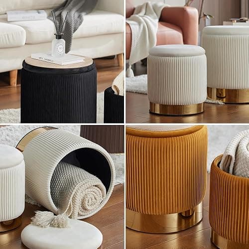 YYW HOME Round Ottoman with Storage Set of 2 Vanity Stool Foot Rest with Removable Lid White Velvet Storage Ottoman Stool for Living Room and Dorm thumbnail 7