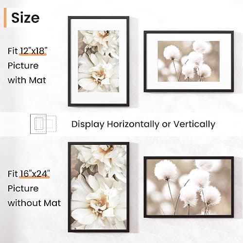 Venusmiles 16x24 inch Picture Frame, 16x24 Photo Frames with 12x18 Removable Mat - High Definition Plexiglass - Vertical and Horizontal Display - Wall Hanging Poster Frame - Black, 3 Pack thumbnail 4