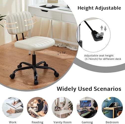 NEWBULIG Armless Small Office Desk Chair with Low Back Lumbar Support, PU Leather Computer Vanity Chair with 360° Swivel Rolling Wheels, Height Adjustable Task Chair for Small Space, White thumbnail 4
