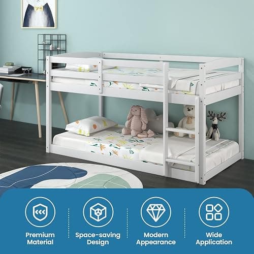 KOMFOTT Low Bunk Bed Twin Over Twin, Solid Wood Bunk Bed Frame with Built-in Ladder & Safety Guardrails, Space-Saving Low Bunk Bed for Kids, Teens, No Box Spring Needed thumbnail 5