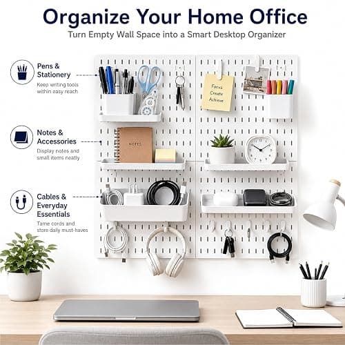 PSLER 22"×22" White Pegboard Kit with 17 Accessories, Garage Office Storage | Pegboard，Complete Hooks Accessories Kit, Multi-scene Organizer, Wall Mount Space Saving,Fits All Wall Surfaces thumbnail 5