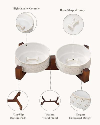 MALACASA Dog Bowl Set with Walnut Wood Stand, 1.5 Cups Ceramic Pet Bowls for Puppy Dogs, Dual Food and Water Bowls with Non-Slip Base, Basic Bowls for Your Dog or Cat, Five-Leaf Grass & Honeycomb thumbnail 5