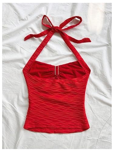 SOLY HUX Women's V Neck Halter Tops Open Back Y2k Ruched Floral Metal Summer Going Out Cami Tops thumbnail 3