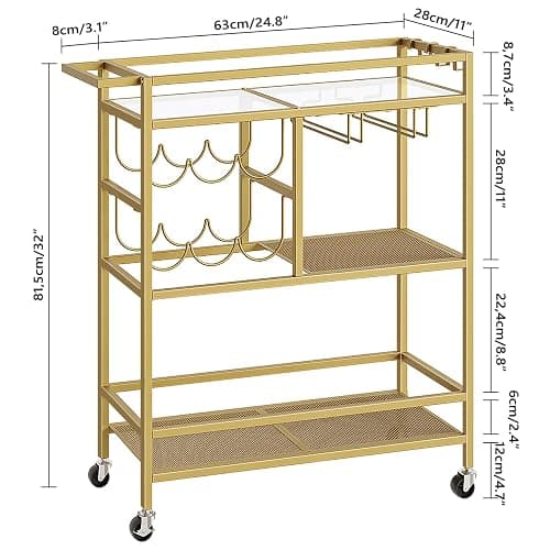 MAHANCRIS Bar Cart for Home, 3-Tier Serving Cart with Wheels and Handle, Beverage Cart with Wine Rack and Glass Holders, Rolling Wine Cart for Kitchen, Dining Room, Gold RCJ61B01 thumbnail 3