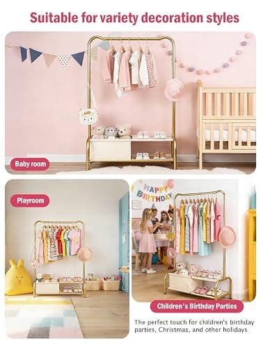 Atrastout Kids Clothing Rack-Portable Kids Clothing Rack with Storage Shelf - Toddler Garment Organizer for Baby Clothes, Dance Costumes, Girls Gift Ideas（Gold） thumbnail 9