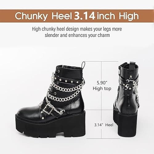 QPAO Women's Fashion Goth Boots,Black Chunky Platform Combat Ankle Booties Zipper Punk Boots Mid Calf Boots for Women thumbnail 3