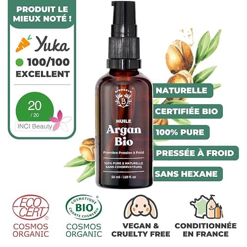 BIONOBLE Huile d'Argan Bio 100% Pure, Pressée à Froid au Maroc - Répare et Nourrit, Anti-Âge - Huile Argan Cheveux, Visage, Corps - Vegan, Sans Hexane - Flacon Verre avec Pipette et Pompe - 50ml thumbnail 2