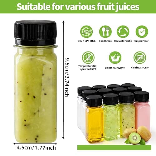 12 pcs 2oz Small Plastic Juice Bottles with Lids，Reusable Leak proof Ginger Shots Bottle with Black caps, Wellness Mini Jars Plastic Containers for Smoothie, Water, Milk and Other Beverages thumbnail 2