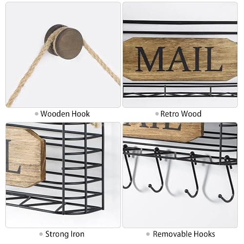 SRIWATANA Mail Organizer Wall Mount, Rustic Mail Holder Key Holder for Wall with Hooks, Small Size, Carbonized Black thumbnail 6