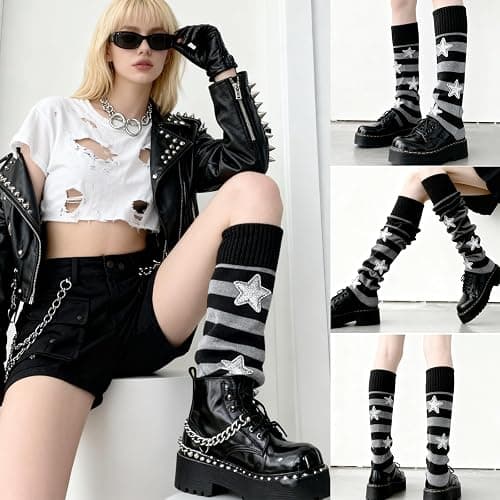 WVD Leg Warmers, Striped Knitted Y2K Leg Warmers Women Winter Thermal Warmer, Goth Harajuku Warm Socks Women Thermal for Autumn JK Boot, Snow Boots and Calf with College Style thumbnail 5