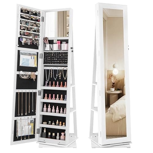 Moccha 2-in-1 Mirrored Jewelry Cabinet, 360 Rotating Free Standing Jewelry Armoire, Lockable Large Capacity Jewelry Organizer w/Full Length Mirror, Inside Makeup Mirror (White) - Image 1