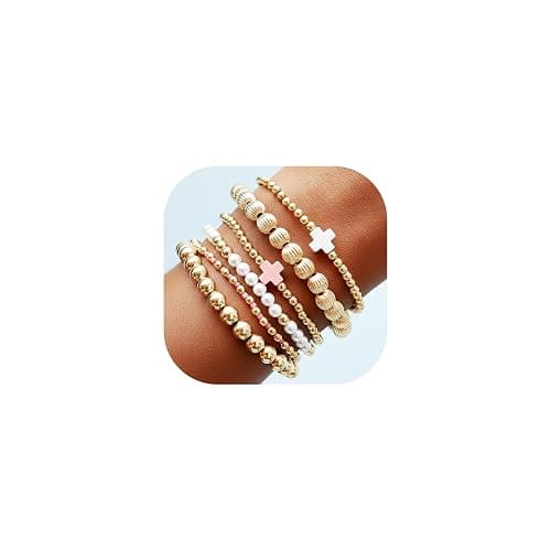 Gold Cross Beaded Charm Bracelets for Women Bracelet Stack Pearl Trendy Non Tarnish Dainty Boho Preppy Bracelets Jewelry Gift Accessories - Image 1