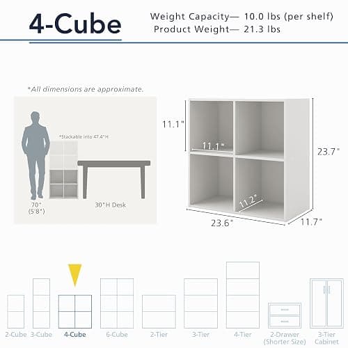 Homes: Inside + Out Apexa 4-Cube Storage Organizer Shelves, Stackable Wood Bookcase Fits Cubby Bins for Organization, Dorm Teen Room Decor & Home Office, White thumbnail 3
