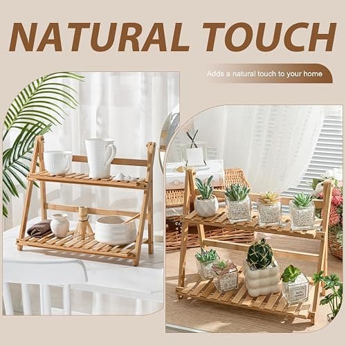 Yalikop Matcha Station Shelf,15.7'' Coffee Station Organizer, 2 Tiers Bamboo Mug Holder Countertop,Desktop Flower Pot Rack for Home Living Room Window Sill Foldable Display Storage Shelf(Wood) thumbnail 8
