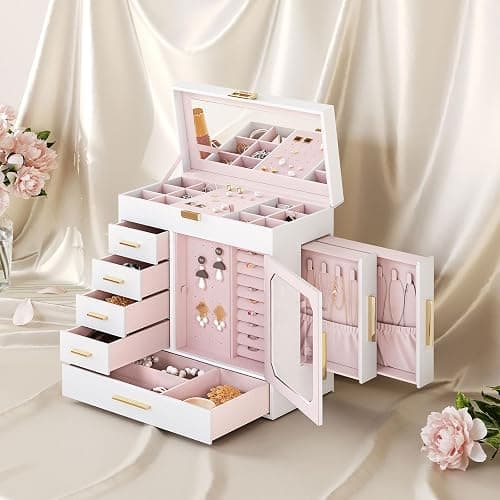 HOOBRO Jewelry Box with Mirror, Jewelry Organizer Box with Capacious Storage Space, Jewelry Holder Organizer, Hand-Held Jewelry Case, Gift for Loved Ones, Modern Style, White and Light Gold WT06JB04G1 thumbnail 2