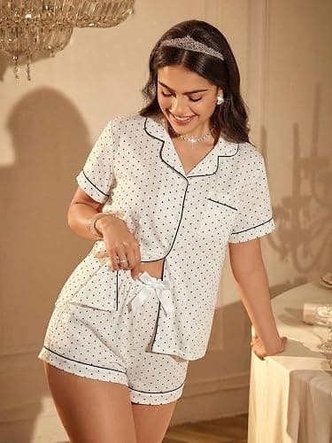 Verdusa Pajamas For Women Set 2 Piece Summer Pajama Sets Cute Pjs Lounge Matching Button Shirt with Shorts thumbnail 2
