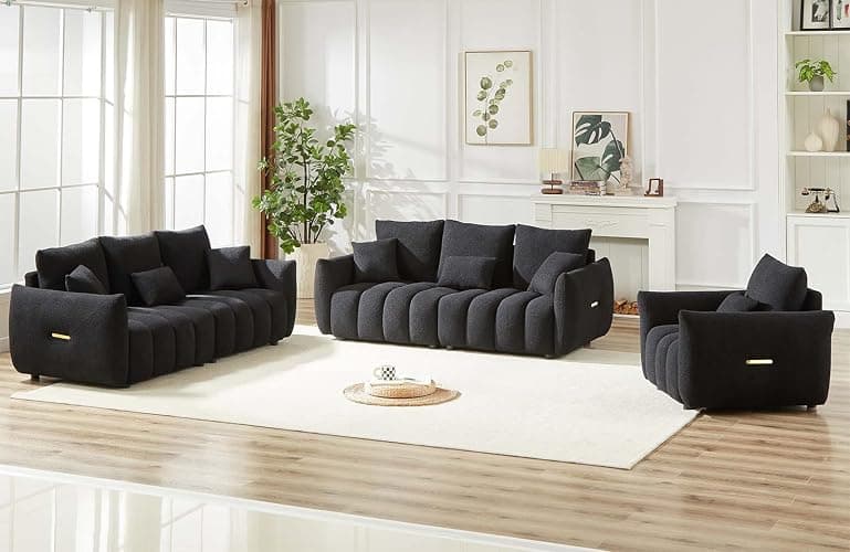 Antetek 78" Modern Sofa Couch, Comfy Deep Seat Teddy Cloud Sofa, Upholstered 3-Seater Boucle Couch, Oversized Loveseat for Living Room, Bedroom, Office, Apartment, Black thumbnail 9