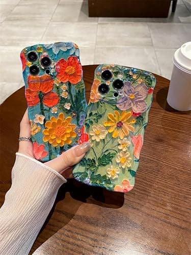 Amytor Case for iPhone 15 Pro Max, Colorful Retro Oil Painting Printed Flower Laser Glossy Pattern Cute Curly Wave Edge Exquisite Phone Cover Stylish Durable TPU Protective Case (Purple Yellow White) thumbnail 4