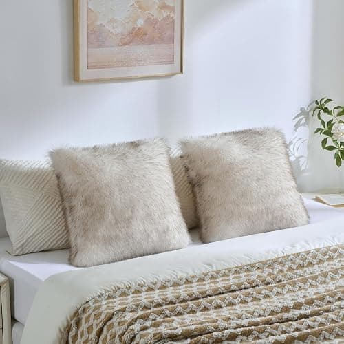 FUTEI Pack of 2 Faux Fox Fur Throw Pillow Covers 18x18 Inch Soft Fluffy Decorative Cushion Case Modern Farmhouse Accent for Couch Bed Living Room, Coffee White thumbnail 6
