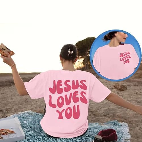 Kelxjia Christian Jesus Shirts for Women Oversized Jesus Loves You Tshirts Religious Faith Shirt Inspirational Graphic Tees thumbnail 2