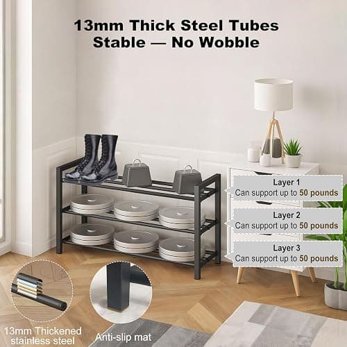 Detsuk 3-Tier Expandable Shoe Rack – Adjustable Heavy-Duty Metal Shoe Organizer Shelf for Closet, Entryway, Mudroom & Garage – Durable Freestanding Storage, Black thumbnail 3