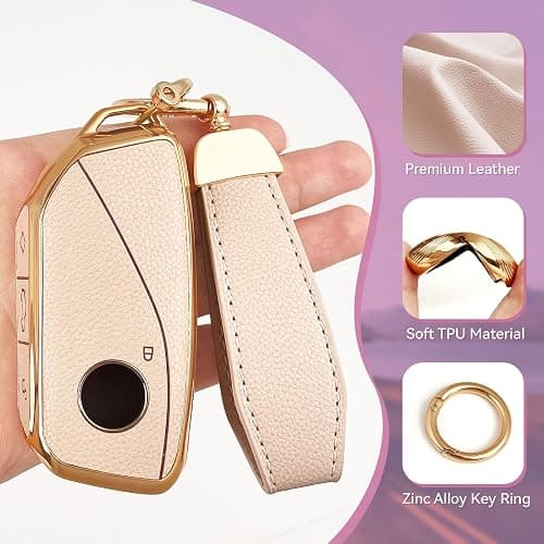 Amazauto Soft TPU & Leather Key Fob Cover, Compatible with BMW X1 X2 X3 X5 X6 X7 XM 2023~2026 etc, Car Key Protector with Keychain, Beige thumbnail 3