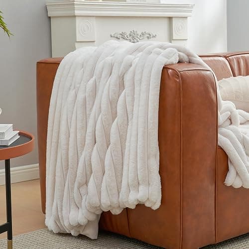 Amélie Home Faux Fur Throw Blanket for Couch, Cozy Fuzzy Fluffy Fur Luxurious Soft Striped Plush Gift Blankets for Family Sofa Chair Bedroom, 55"x70", Ivory thumbnail 4