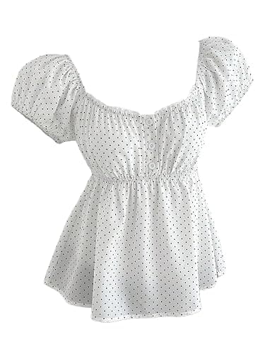 Verdusa Women's Cute Babydoll Tops Polka Dots Flowy Going Out Outfits | Peplum Tops For Teen Girls, Summer Flowy Tops, Gingham Tops, Bubble Sleeve, Y2K Outfits - Image 1