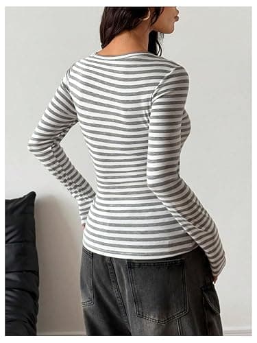 GORGLITTER Women's Striped Lace Y2k Tops Square Neck Autumn Going Out Top | Long Sleeve, Streetwear, Button Front 2 in 1, Slim Fit, T Shirts, Retro, Festival Outfits thumbnail 3