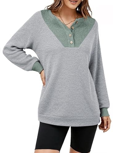 EVALESS Womens Fall Fashion 2025 Womens Long Sleeve Shirts Patchwork Button Up V Neck Sweatshirt Casual Pullover Tops thumbnail 5