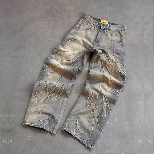 FEUSEUZ Y2K Men's Street Retro Hip-hop Flame Splicing Wide Leg Gothic Loose Jeans thumbnail 4